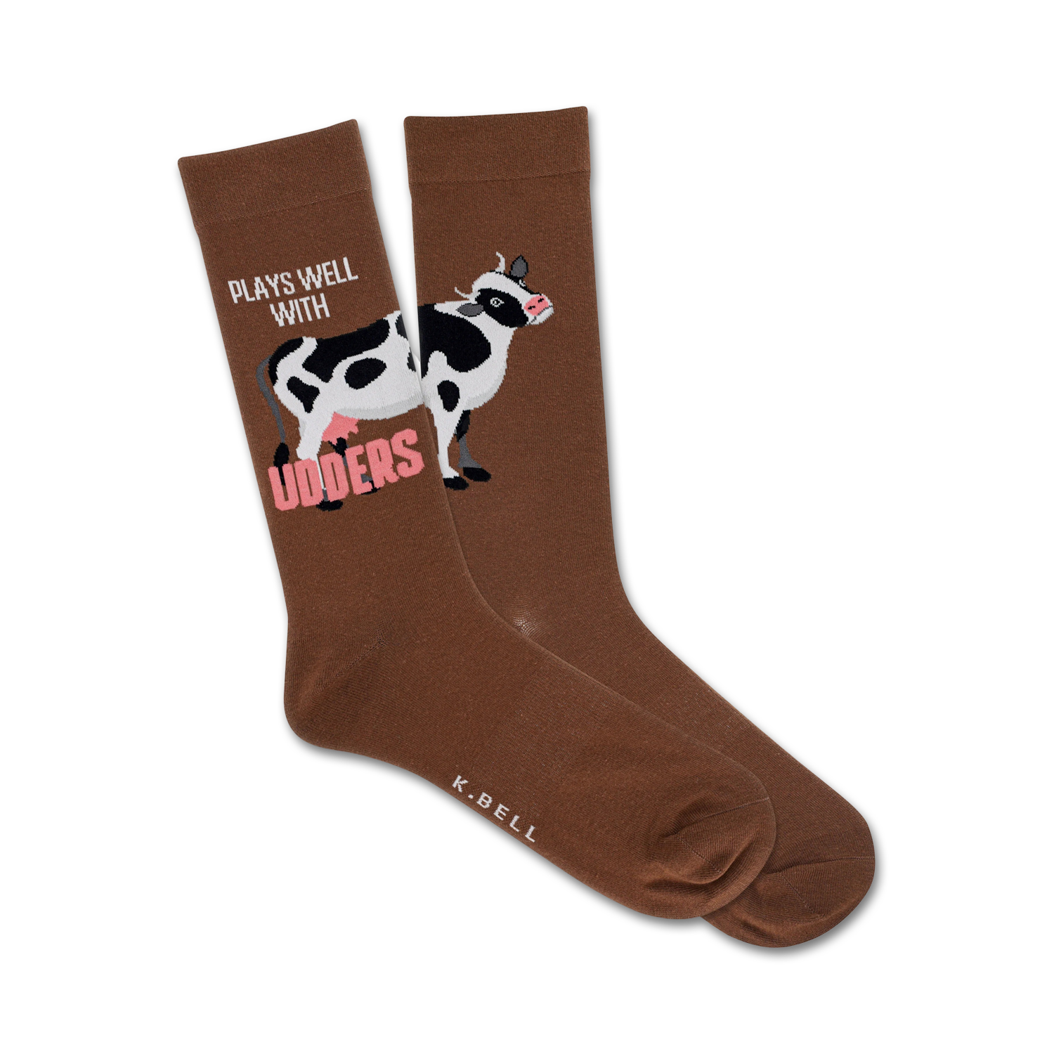 Brown crew socks with a whimsical illustration of a black and white cow and the text 'Plays well with udders.'