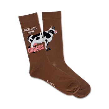 brown crew socks for men with black and white cows and pink udders. "plays well with utters".  
