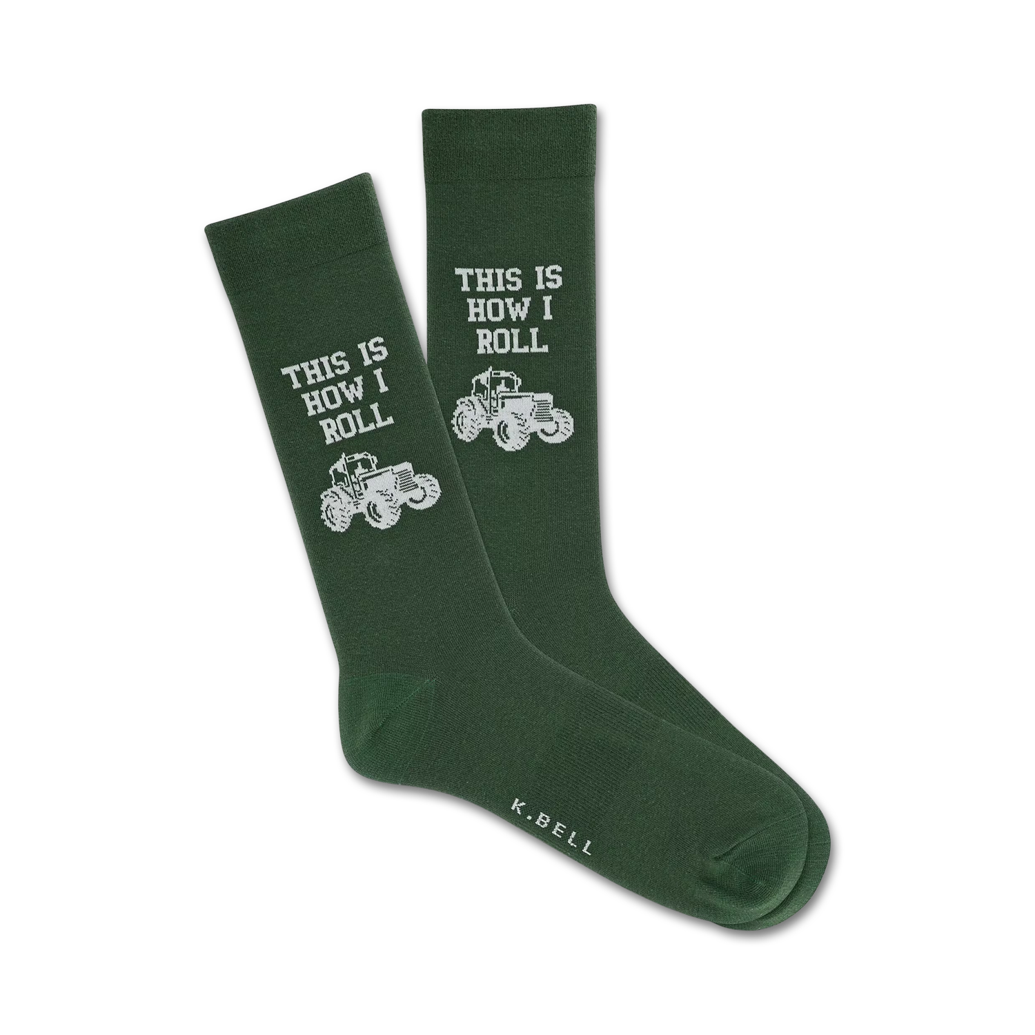 Pair of dark green crew socks with a white tractor graphic and the text 'This Is How I Roll'.