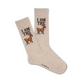 Pair of beige crew socks with brown "I AM THE GOAT" text and goat illustrations. 