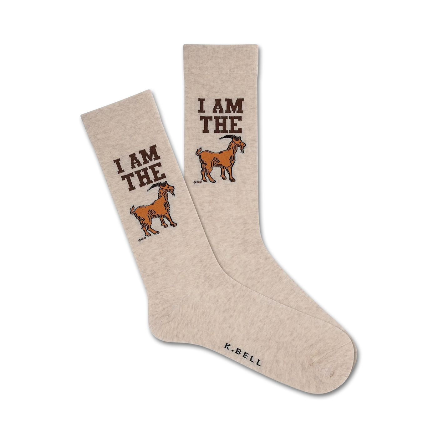 Pair of beige crew socks with brown "I AM THE GOAT" text and goat illustrations. 