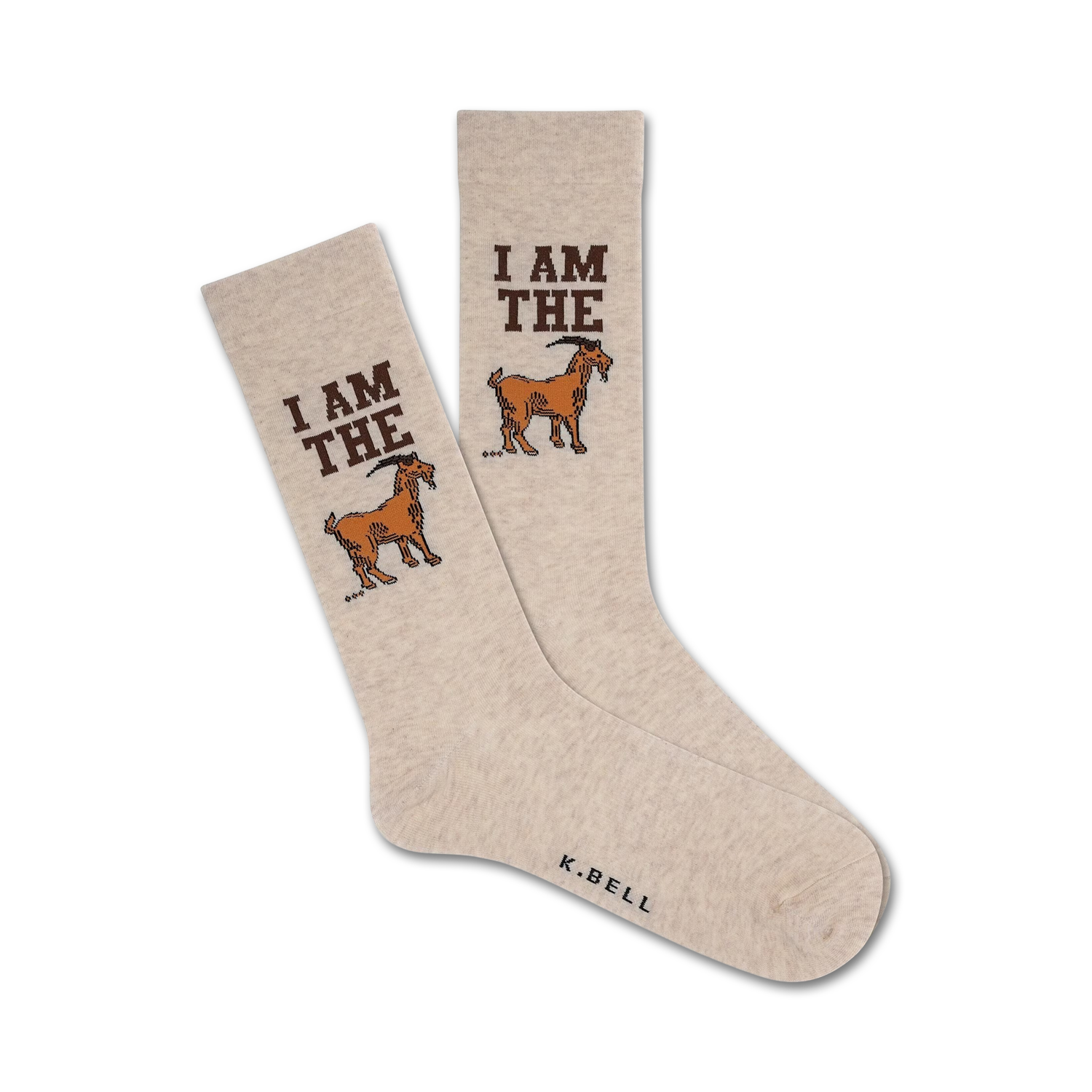 Pair of beige crew socks with brown "I AM THE GOAT" text and goat illustrations. 