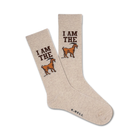 light tan crew socks with brown text i am the goat & cartoon goat graphic.  