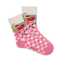 Pair of pink and white gingham crew socks. Feature a charming strawberry shortcake picnic scene with ants.