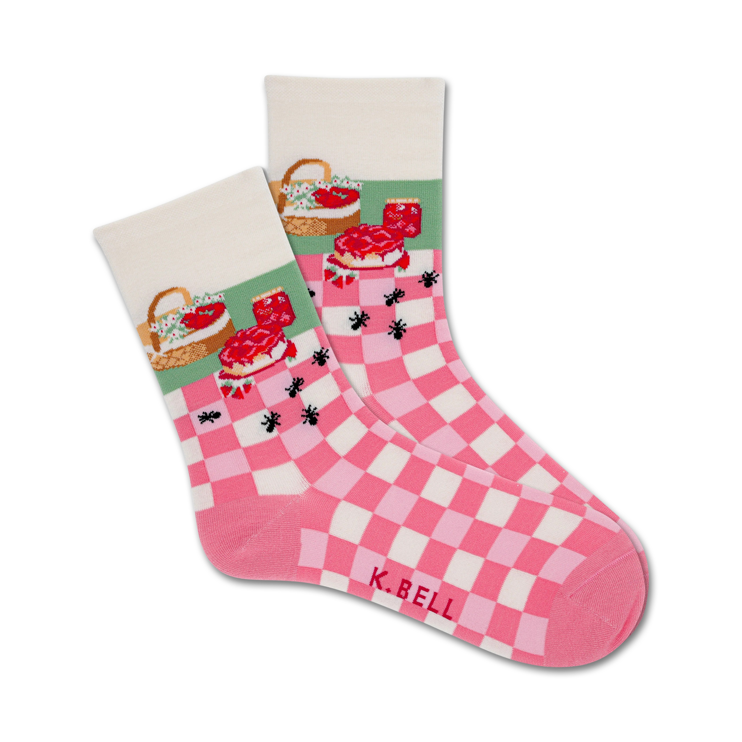 Pair of pink and white gingham crew socks. Feature a charming strawberry shortcake picnic scene with ants.