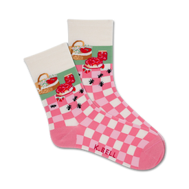 white strawberry picnic socks, ants, jam and pie. crew length and designed for women.  