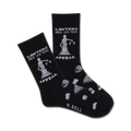 Black crew socks with a grey Lady Justice graphic, gavel, and legal icons.  The text 'Lawyers Never Lose Their Appeal' is printed on the socks.