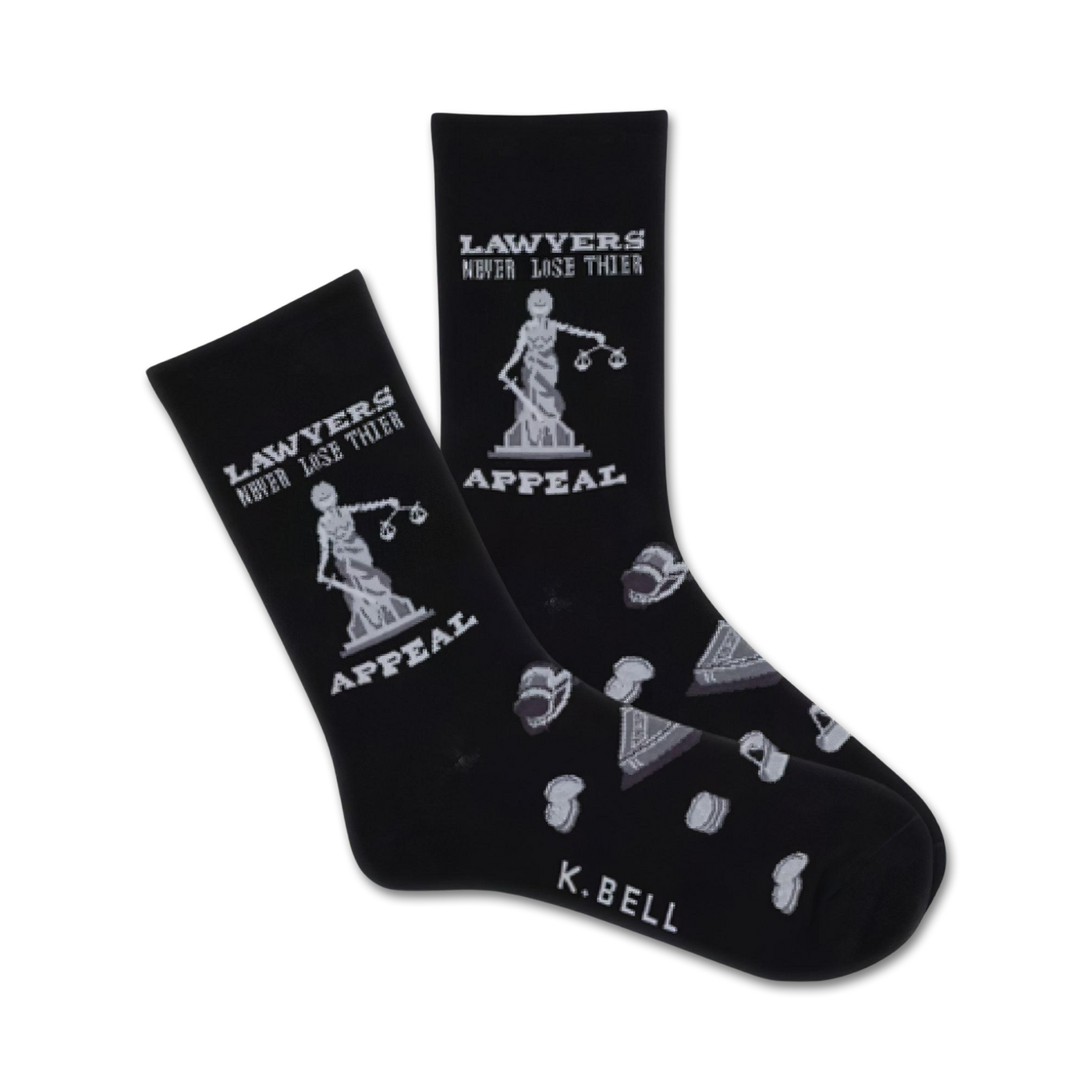 Black crew socks with a grey Lady Justice graphic, gavel, and legal icons.  The text 'Lawyers Never Lose Their Appeal' is printed on the socks.