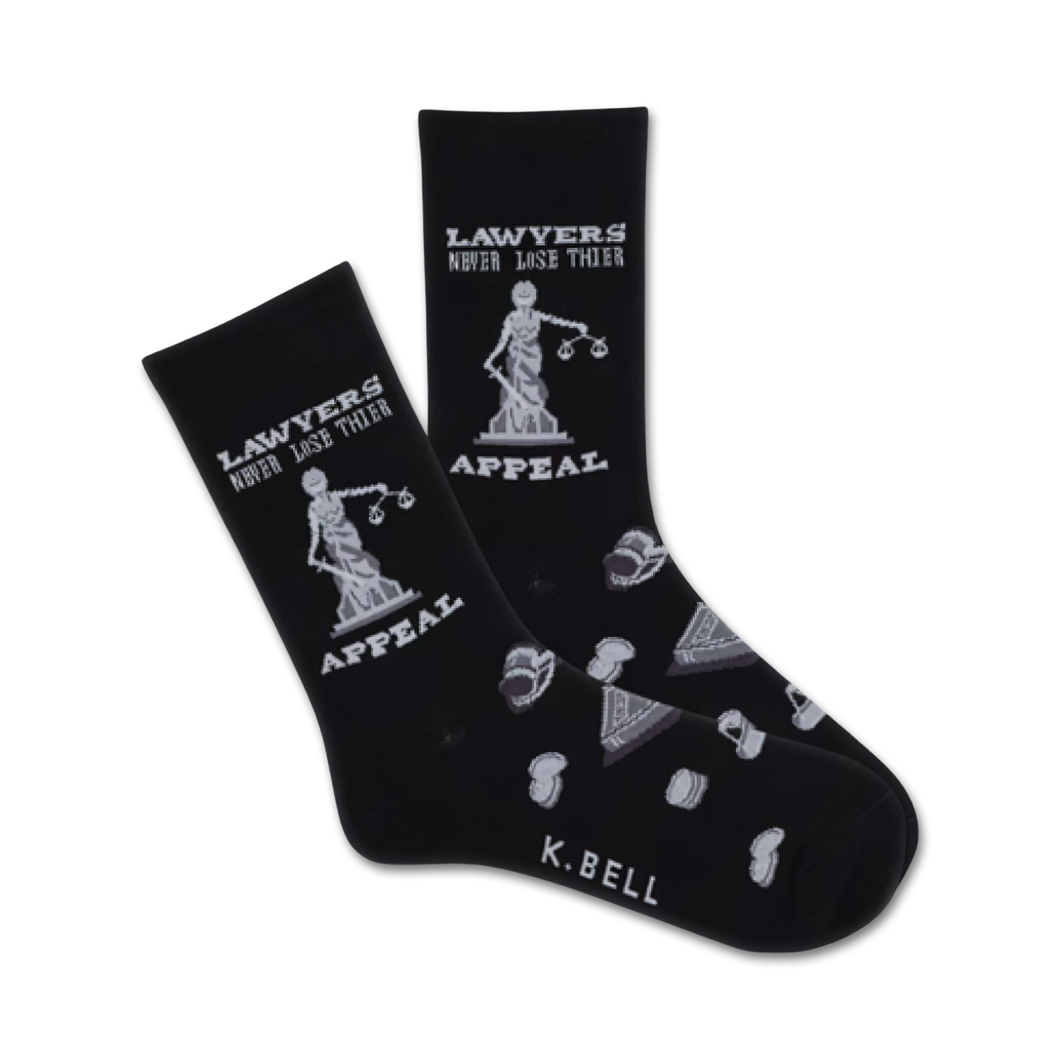Black crew socks with a grey Lady Justice graphic, gavel, and legal icons.  The text 'Lawyers Never Lose Their Appeal' is printed on the socks.