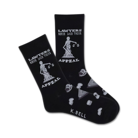 black crew socks for women featuring text and illustrations related to lawyers and the law.  