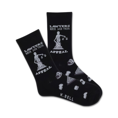 black crew socks for women featuring text and illustrations related to lawyers and the law.  