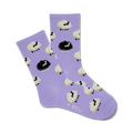 Pair of lavender crew socks with a repeating pattern of cartoon black and white sheep.