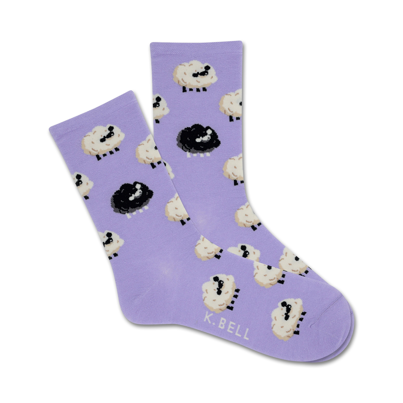 Pair of lavender crew socks with a repeating pattern of cartoon black and white sheep.