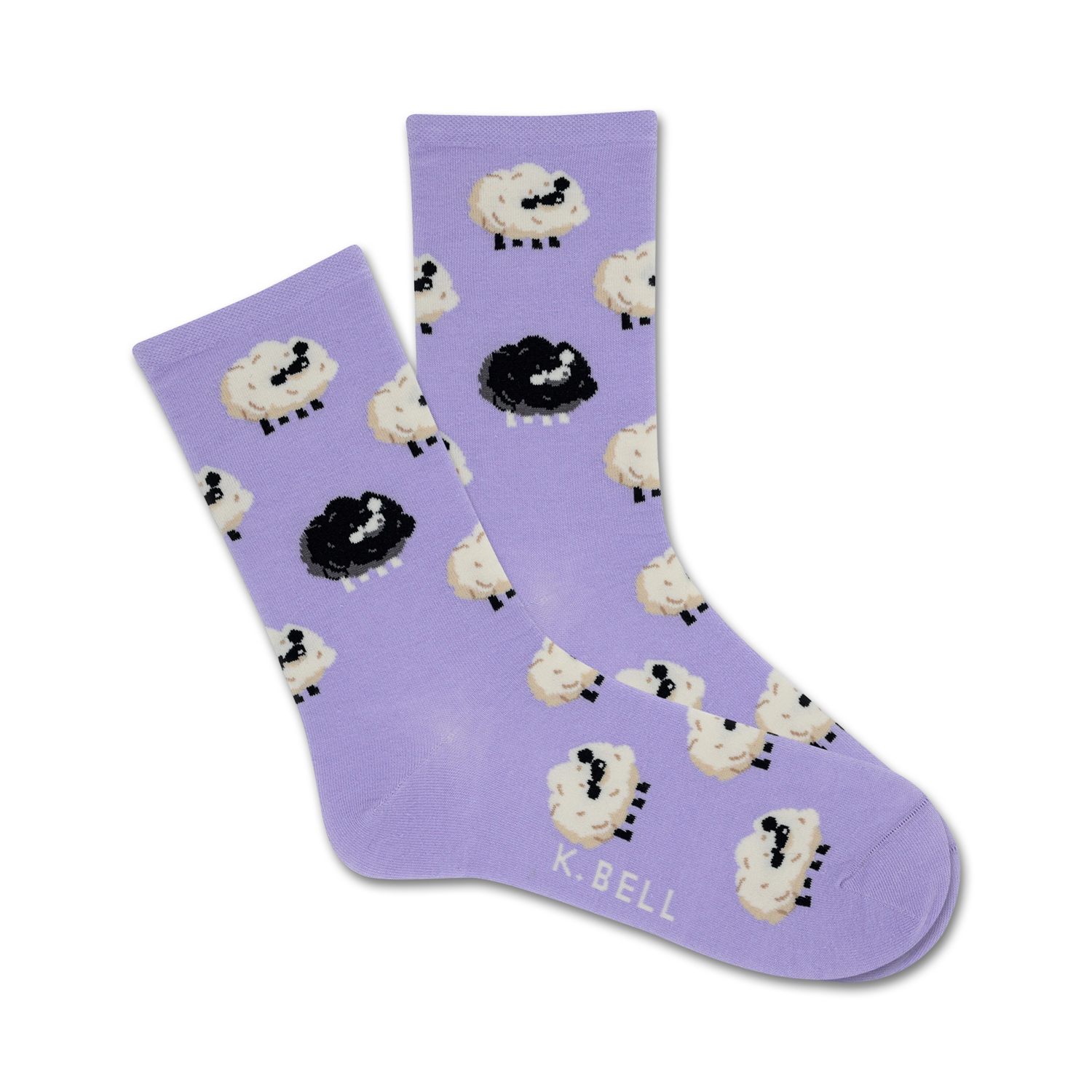 Pair of lavender crew socks with a repeating pattern of cartoon black and white sheep.