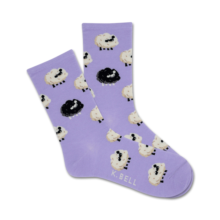 purple crew socks with white sheep and a single black sheep.   }}