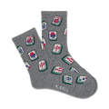 A pair of grey crew socks with a scattered pattern of colorful Mahjong tiles. The tiles feature red, green, and blue details on a white background.