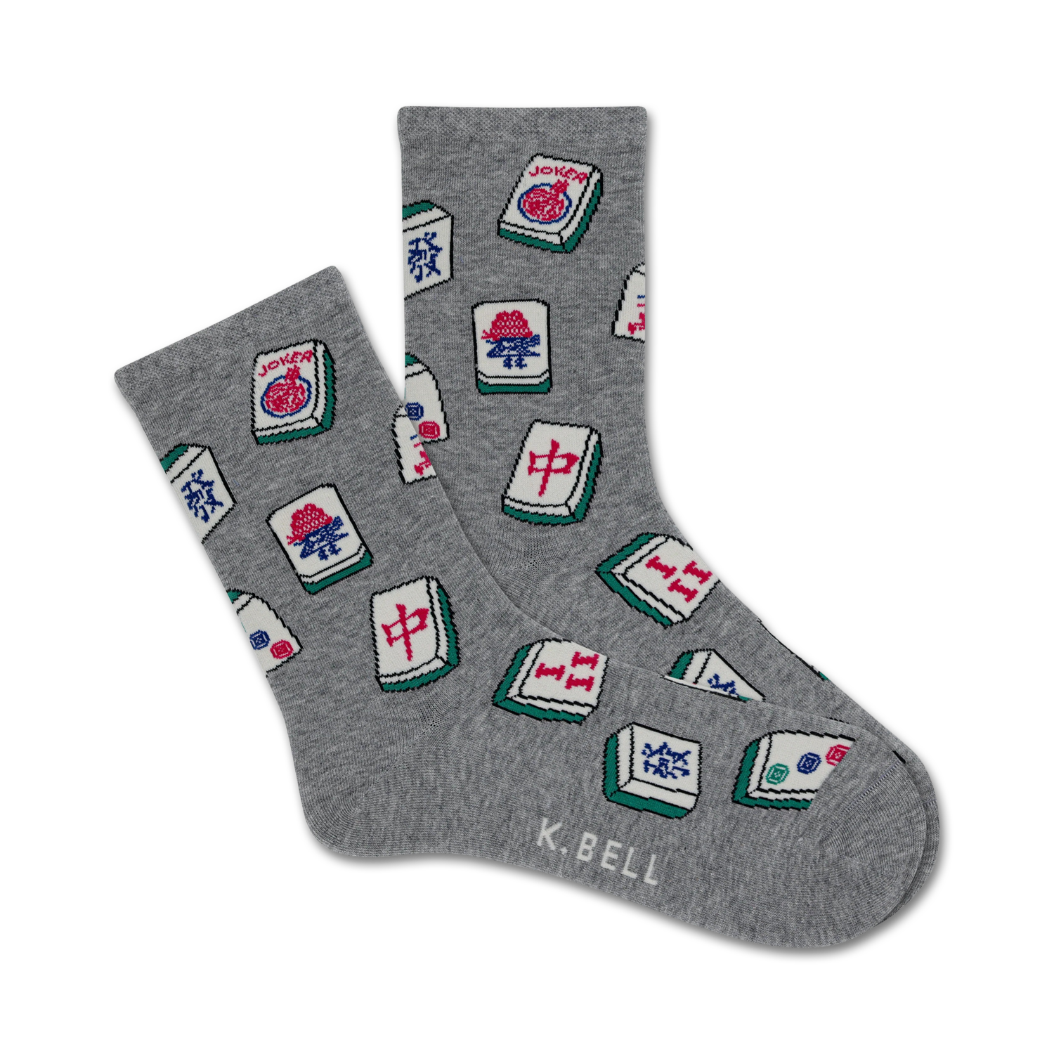 A pair of grey crew socks with a scattered pattern of colorful Mahjong tiles. The tiles feature red, green, and blue details on a white background.