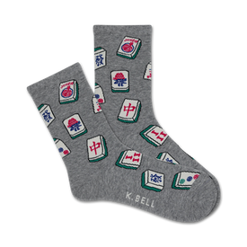 gray crew socks with scattered red, green, blue, and chinese character mahjong tiles pattern.  