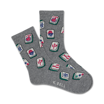 gray crew socks with scattered red, green, blue, and chinese character mahjong tiles pattern.  