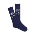 Pair of navy blue crew socks with a graphic design of cassette tapes and headphones. Text reads 'Here For The Good Tunes'.
