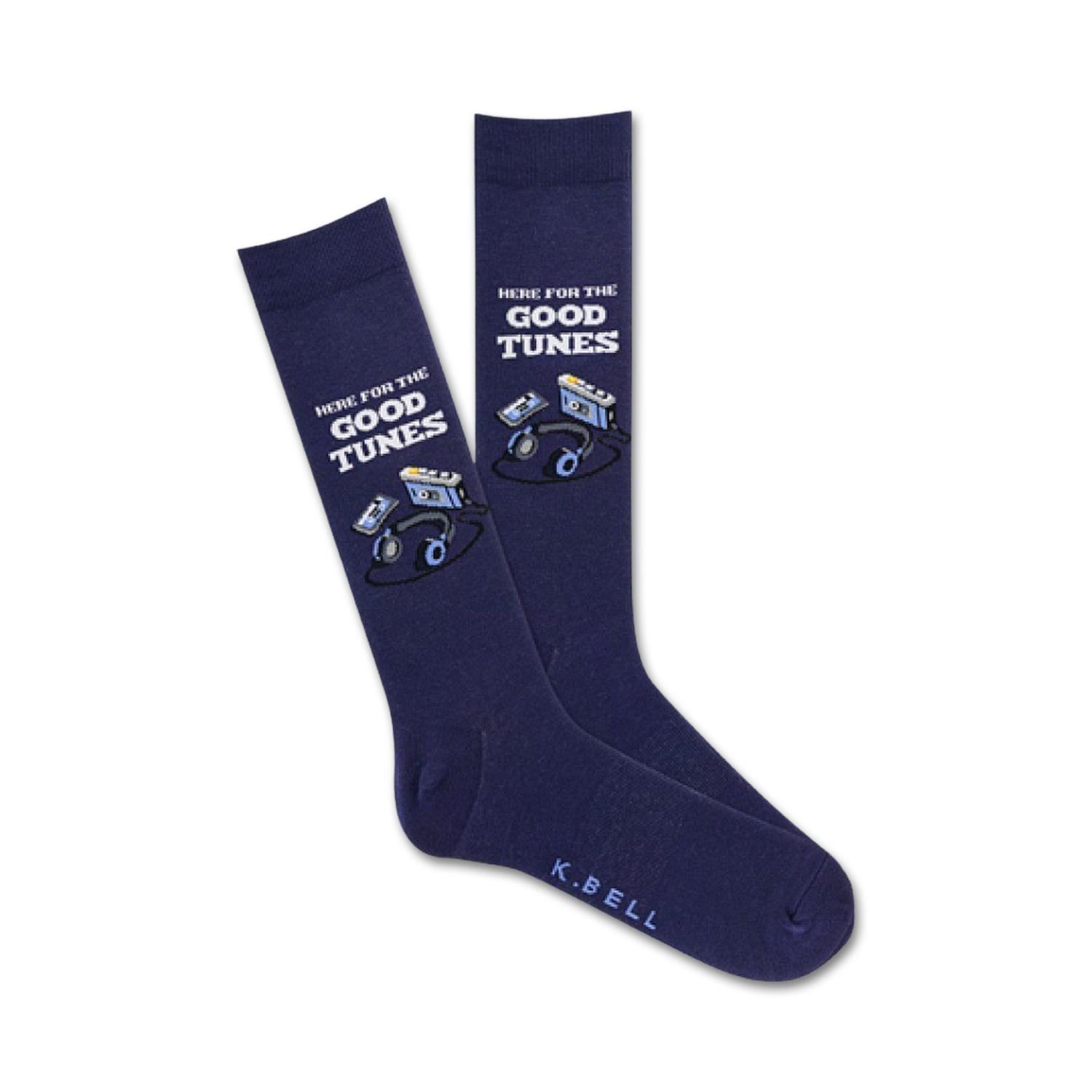 Pair of navy blue crew socks with a graphic design of cassette tapes and headphones. Text reads 'Here For The Good Tunes'.