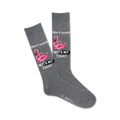 Grey crew socks with a pink flamingo design. Text reads: 'Don't Flock With Me Today'. Fun and quirky!
