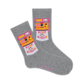 Pair of grey crew socks with a retro Polaroid camera design. The camera is yellow and pink, and the photo shows a smiling face with 'Keep Smiling' text.