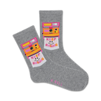 Pair of grey crew socks with a retro Polaroid camera design. The camera is yellow and pink, and the photo shows a smiling face with 'Keep Smiling' text.