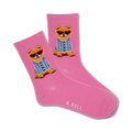 Pair of pink crew socks with an image of a dog wearing sunglasses and a blue plaid shirt.