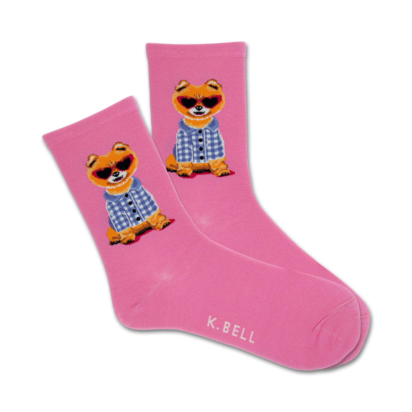 Pair of pink crew socks with an image of a dog wearing sunglasses and a blue plaid shirt.