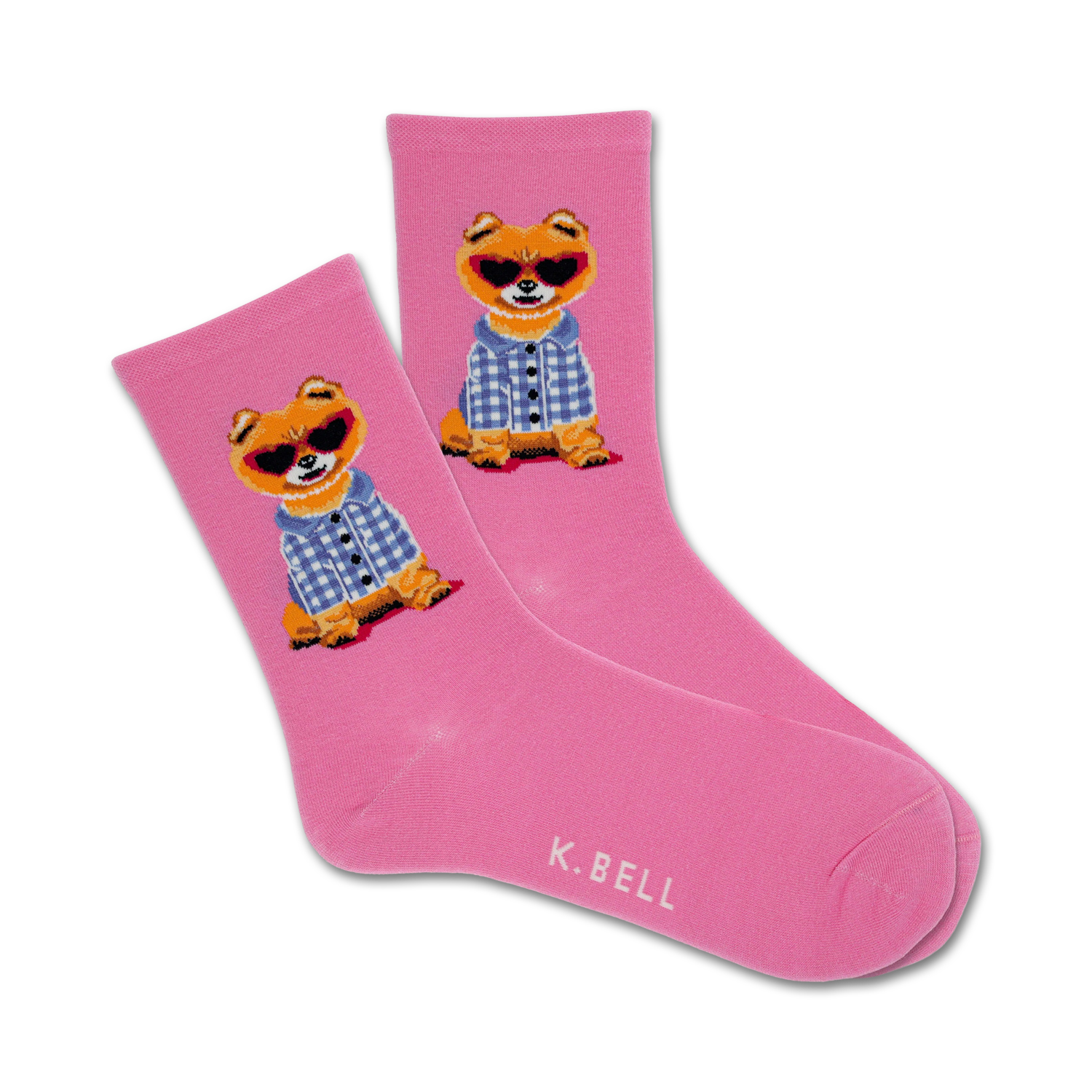 Pair of pink crew socks with an image of a dog wearing sunglasses and a blue plaid shirt.