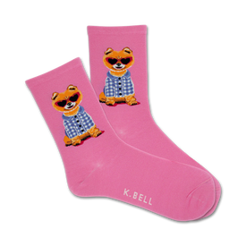 pink crew socks with cartoon dogs wearing sunglasses and blue plaid shirts. women's summer dog socks.   