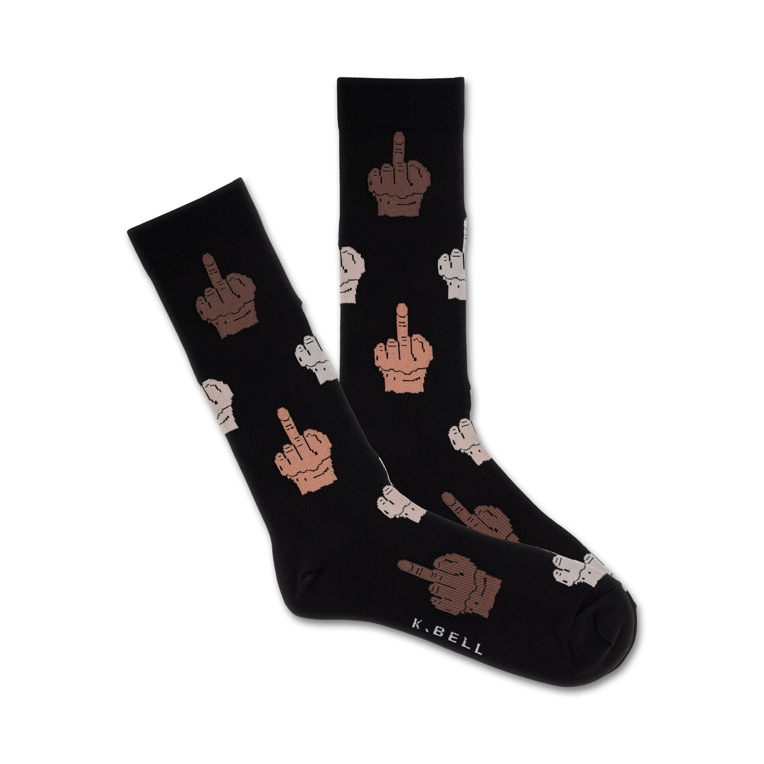 Pair of black crew socks with a pattern of multi-skin tone middle fingers. A subtle 'K.BELL' logo is on the bottom.