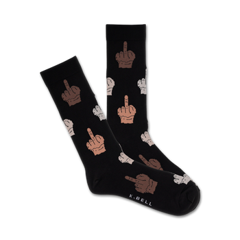 black crew socks with a pattern of middle fingers in various shades of brown.   