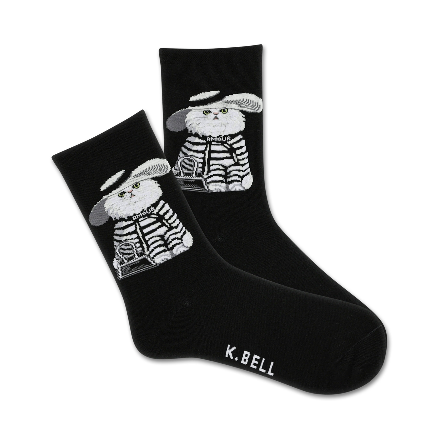 Pair of black crew socks with a graphic design of a white cat wearing a hat and striped outfit. The cat holds a small bag.