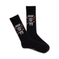 Pair of black crew socks with an orange and white basketball hoop graphic and the text 'HOOP THERE IT IS'.