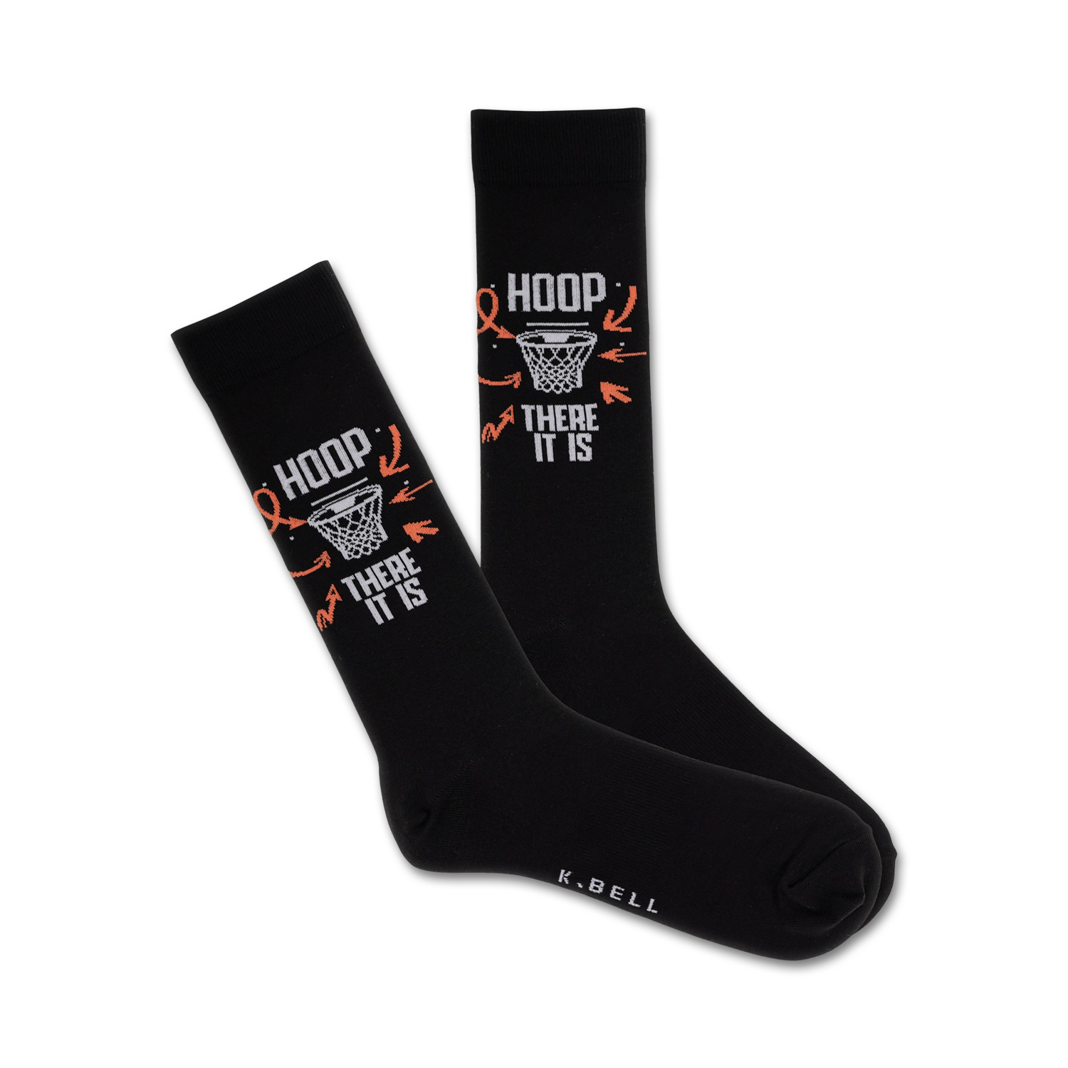 Pair of black crew socks with an orange and white basketball hoop graphic and the text 'HOOP THERE IT IS'.
