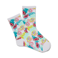Pair of white crew socks with a tropical floral design featuring papaya and leaf patterns in pink, teal, and green.