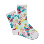 Pair of white crew socks with a tropical floral design featuring papaya and leaf patterns in pink, teal, and green.