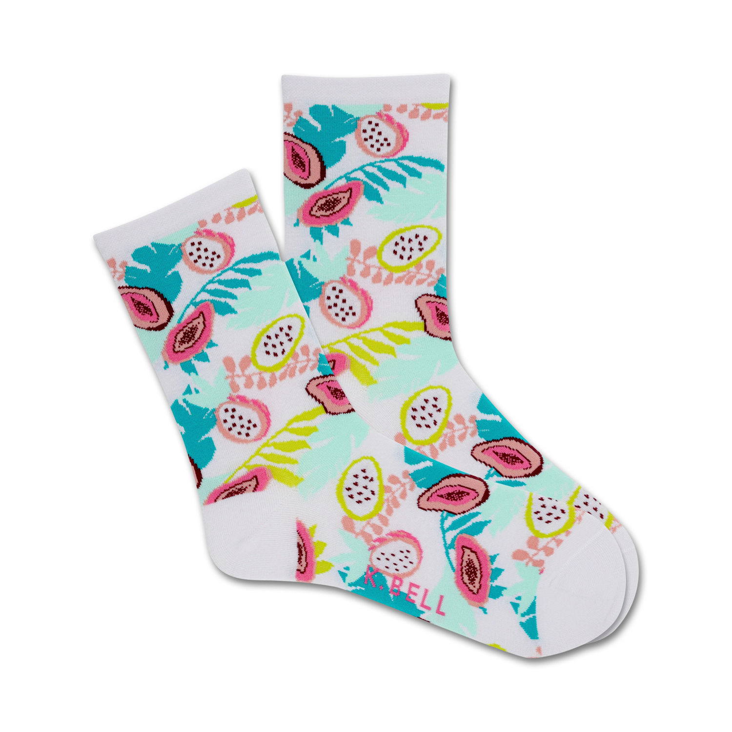 Pair of white crew socks with a tropical floral design featuring papaya and leaf patterns in pink, teal, and green.