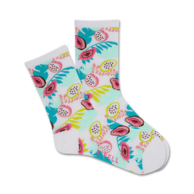 white womens crew socks with light blue and dark pink tropical leaves and pink dragon fruit.   
