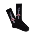 A pair of black crew socks with a grey guitar neck graphic and 'Lord of the Strings' text.  Red accents add a pop of color.