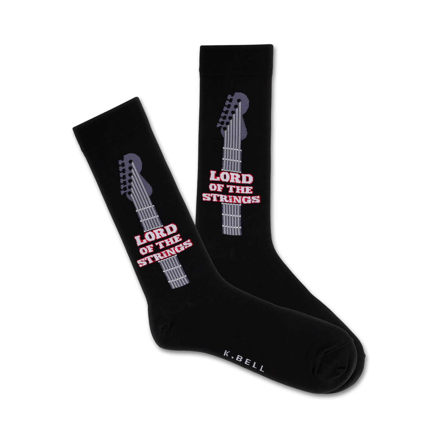 A pair of black crew socks with a grey guitar neck graphic and 'Lord of the Strings' text.  Red accents add a pop of color.