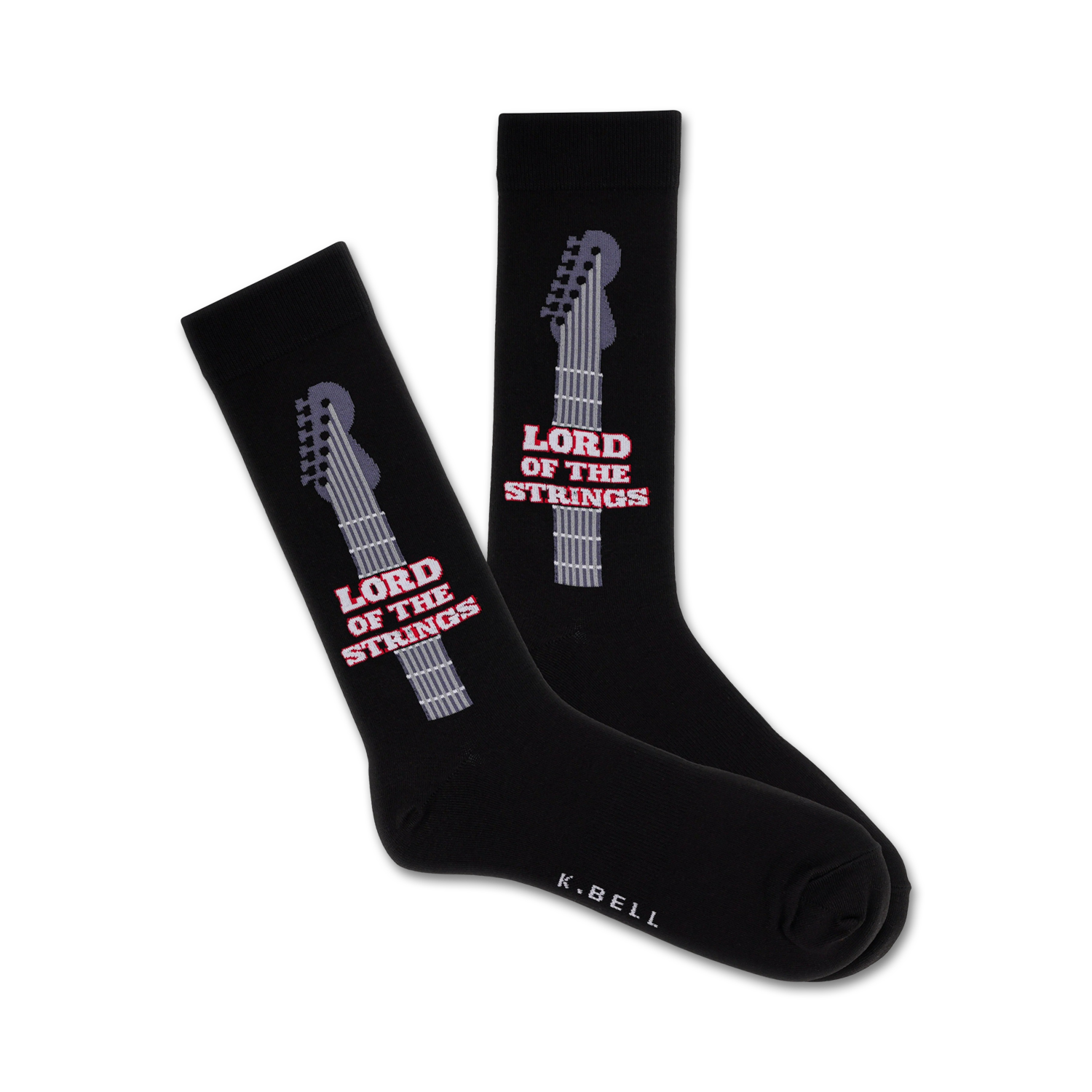 A pair of black crew socks with a grey guitar neck graphic and 'Lord of the Strings' text.  Red accents add a pop of color.