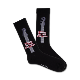 lord of the strings, black guitar socks with red and gray lettering.   