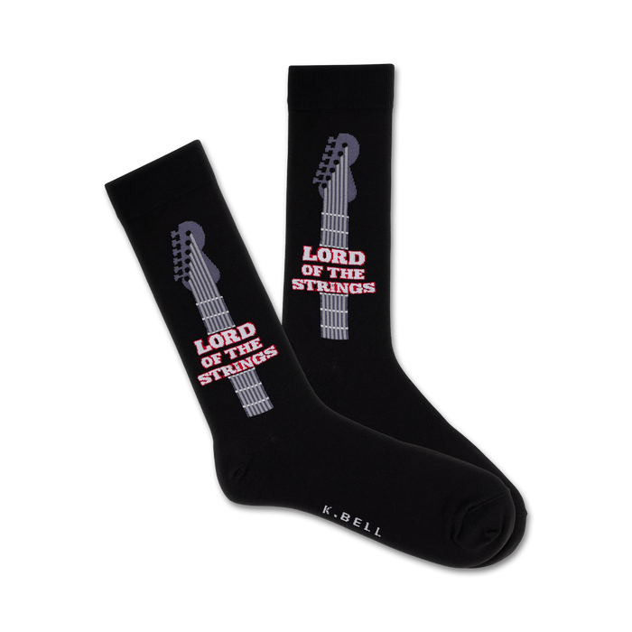lord of the strings, black guitar socks with red and gray lettering.    }}