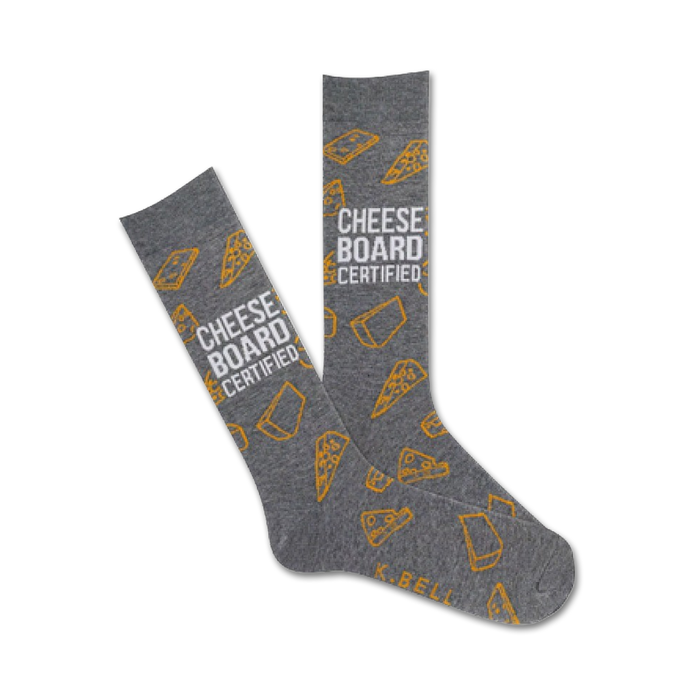 Pair of gray crew socks with an all-over print of yellow cheese wedges and the text 'Cheese Board Certified.'