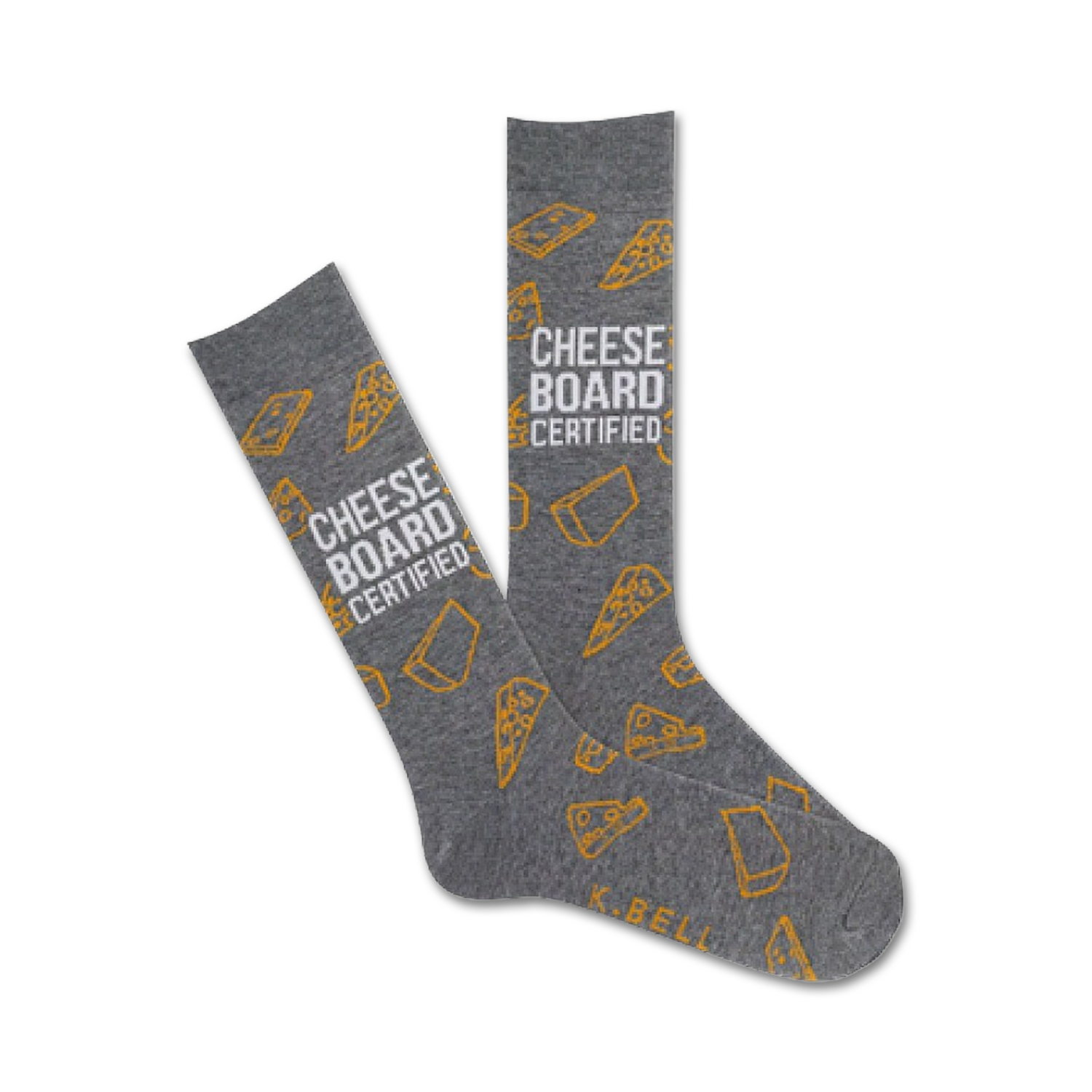 Pair of gray crew socks with an all-over print of yellow cheese wedges and the text 'Cheese Board Certified.'