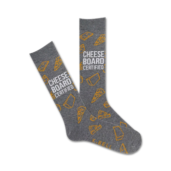 mens cheese board certified gray crew socks with an all-over orange pattern of cheeses and white lettering on legs.  