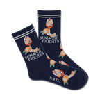 A pair of navy blue crew socks with a fun design. The socks feature an illustration of an orange cocktail drink and the words 'Summer Fridays'.